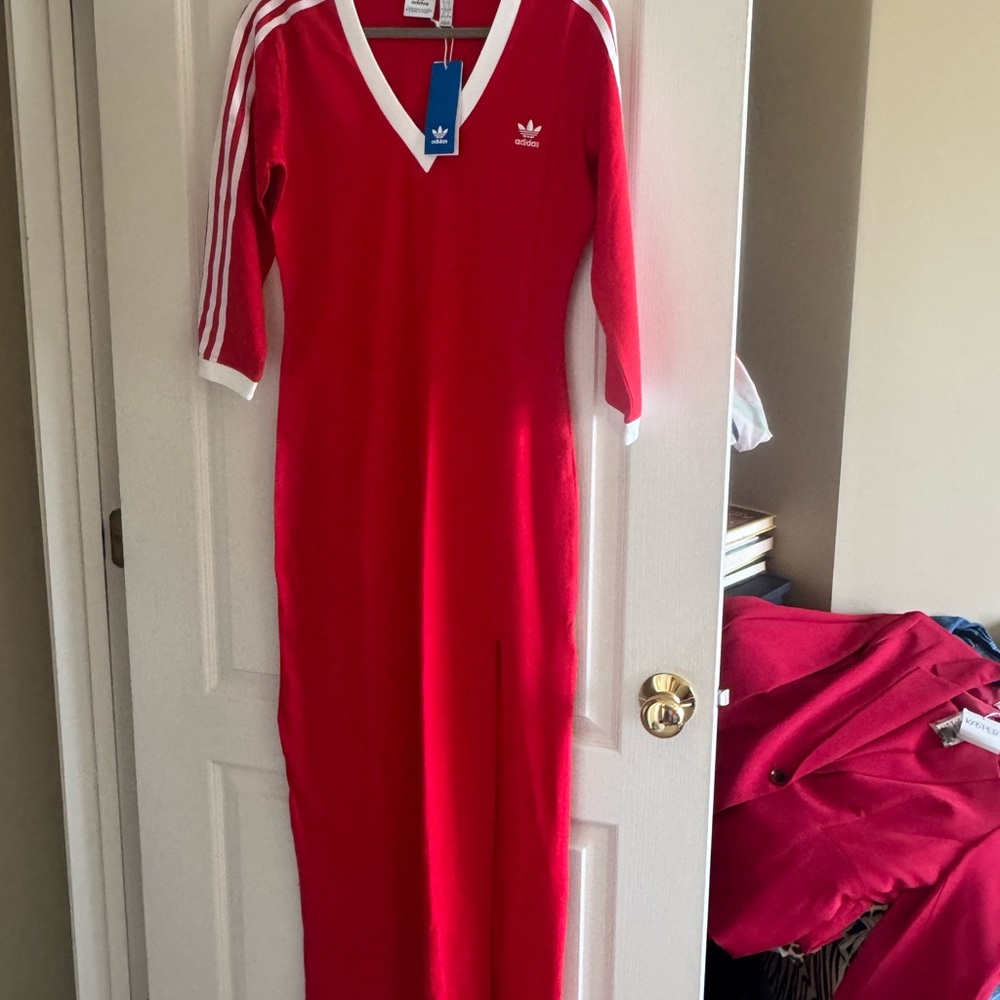 Adidas Red Long Sleeve Dress with White Stripes